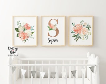 Digital Set, Digital Printables, Set of 3 Nursery Prints, Rose Gold Room, Watercolour Flowers, Girls Room Wall Art, Nursery Decor