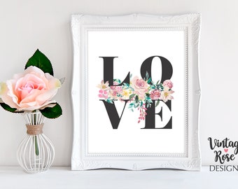 Love Print Wall Art, Floral Print, Watercolour Pink Flowers, LOVE, Nursery Wall, Pink and Grey Wedding Gift, Anniversary, Floral Arrangement