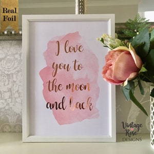Pink Watercolour Print, Rose Gold Quote, I Love you to the Moon and Back, Nursery Wall Print, Pale Pink Watercolour Splash, Girls Bedroom