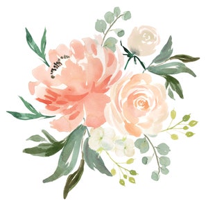 May include: A watercolor painting of a bouquet of peach and white flowers with green leaves. The flowers are arranged in a loose, natural style.