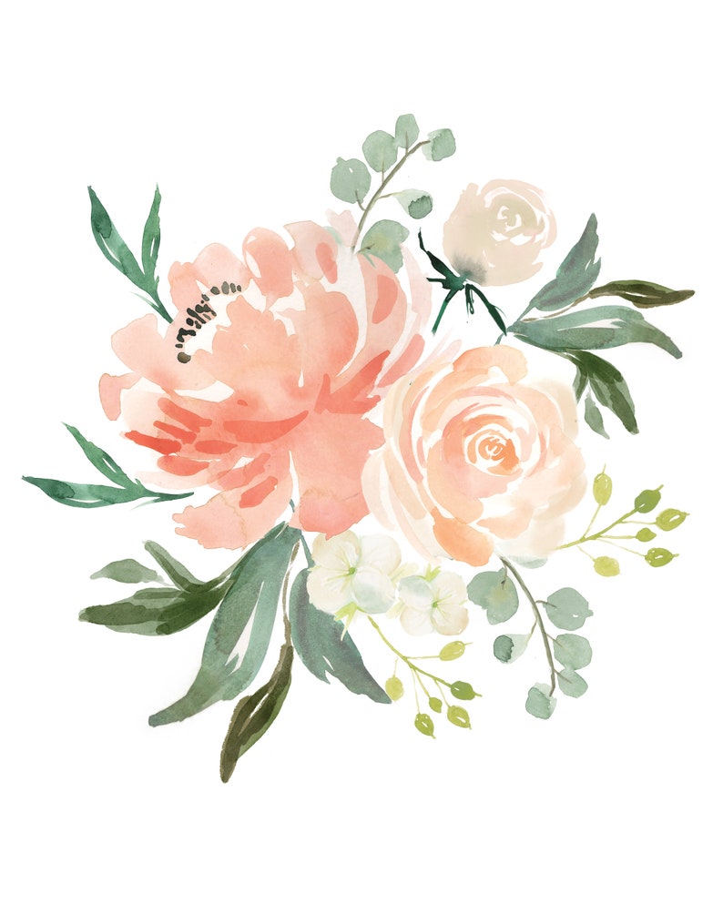 May include: A watercolor painting of a bouquet of peach and white flowers with green leaves. The flowers are arranged in a loose, natural style.