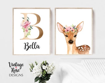 DIGITAL Nursery Printable, Initial Personalised Print Set, Woodland Nursery Decor, Nursery Wall Art, Girls Bedroom, Watercolour Animals