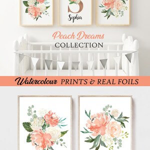 May include: Three framed watercolor prints with peach and white floral designs. The center print features the letter "S" with the name "Sophia" below it. The text "Peach Dreams Collection" is displayed below the prints. The text "Watercolour Prints & Real Foils" is displayed below the prints. The text "WWW.VINTAGEROSEDESIGNS.CO.UK" is displayed at the bottom of the image.