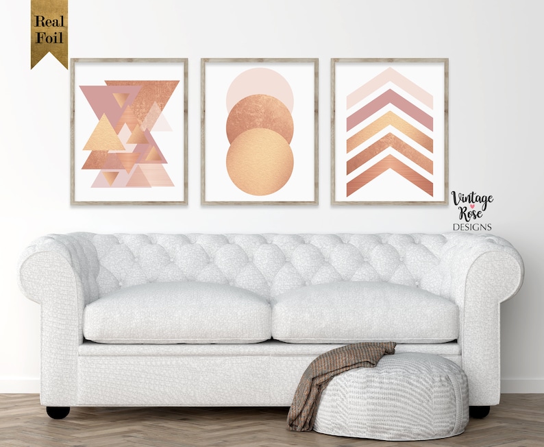 Set of 3 Geometric Wall Art Blush Pink Rose Gold Geometric Etsy
