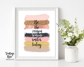 Digital Printable, Pink and Gold Print, Brush Strokes Art, Positive Quote, Rose Gold Wall Print, Bedroom Decor, Gold Glitter, Gift for Her