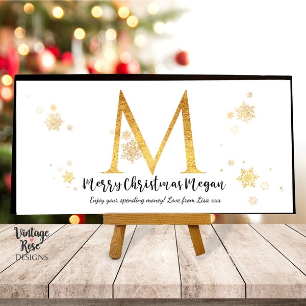 Christmas Name Initial Money Holder, Personalised Xmas Money Envelope, Money Wallet, Snowflakes, Gold Gift Envelope, Teen Christmas Gift