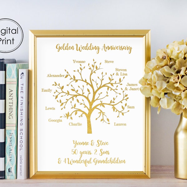 50th Golden Wedding Anniversary Personalised Gift, Gift for Parents, Family Tree Digital Print