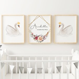 Set of 3 Nursery Prints, Swan Decor, Girls Room Wall Art, Nursery Decor, Geometric Frame, Personalised Name Print, Watercolour Flowers