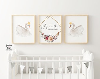 Set of 3 Nursery Printables, {DIGITAL PRINTS} Swan Decor, Girls Room Wall Art, Nursery Decor, Geometric Frame, Personalised Name Print