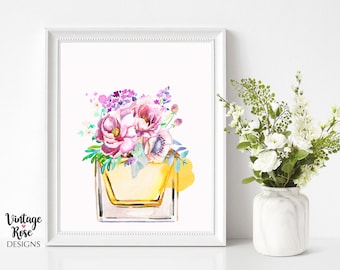 Designer Perfume Bottle Print, Bedroom Decor, Perfume Art, Watercolour Flowers Perfume Decor, Glamour Beauty Decor, Gift for Her, Feminine