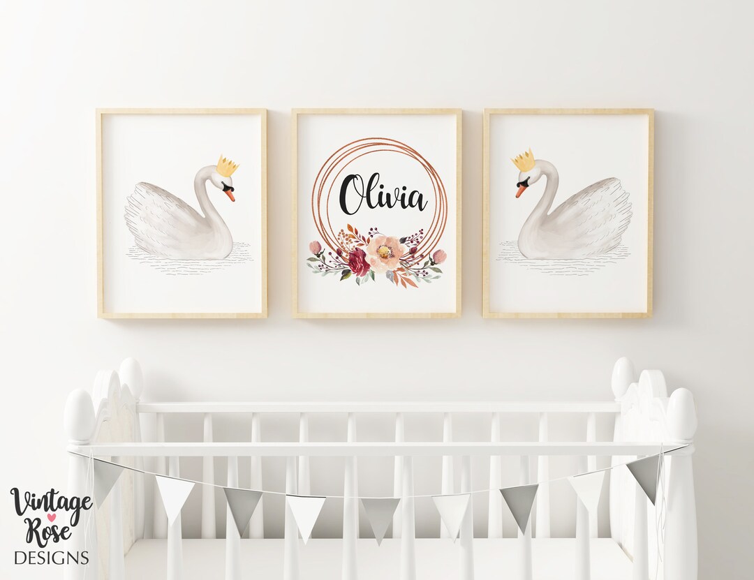 Set of 3 Nursery Prints, Swan, Girls Room Wall Art, Nursery Decor, Rose ...