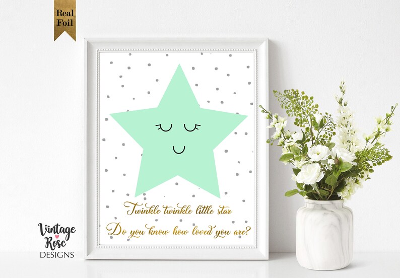 Nursery Print Wall Art Mint Green And Grey Print Twinkle Twinkle Little Star Rose Gold Foil Cute Girls Decor Mint Green Nursery