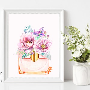 Designer Perfume Bottle Print, Peach Pink Perfume, Bedroom Decor, Perfume Art, Watercolour Flowers, Glamour Beauty, Gift for Her, Feminine