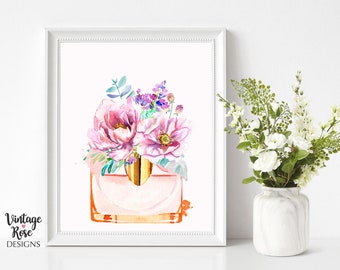 Designer Perfume Bottle Print, Peach Pink Perfume, Bedroom Decor, Perfume Art, Watercolour Flowers, Glamour Beauty, Gift for Her, Feminine