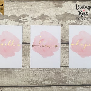 Faith Hope Love Pink Gold Watercolour Prints, Set of 3 Gold Foil Prints, Rose Gold Print, Pink Watercolour Splash, 5x7 8x10 A4 Print