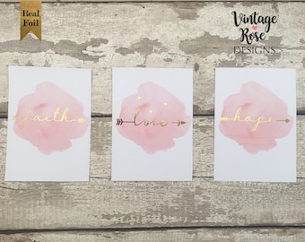 Faith Hope Love Pink Gold Watercolour Prints, Set of 3 Gold Foil Prints, Rose Gold Print, Pink Watercolour Splash, 5x7 8x10 A4 Print