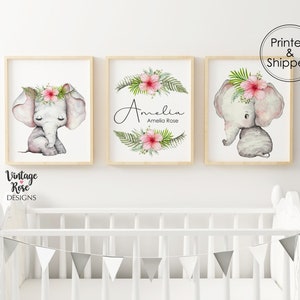 Set of 3 Nursery Printables, {DIGITAL PRINTS} Elephant Decor, Girls Room Wall Art, Nursery Decor, Elephant Nursery, Personalised Name Print