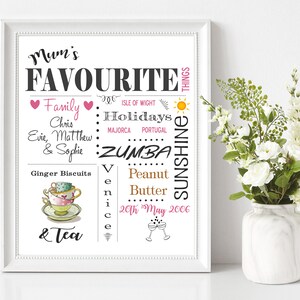May include: A white framed print with the text "Mum's Favourite Things" and a list of things including "Family", "Holidays", "Zumba", "Ginger Biscuits & Tea", and "Peanut Butter".