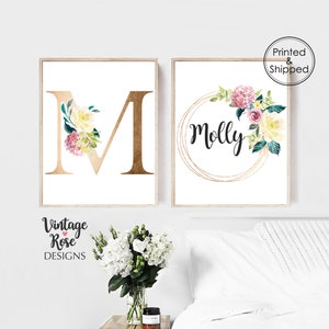 Personalised Nursery Decor,Geometric Frame, Personalised Name Print, Wreath, Set of 2 Nursery Prints, Watercolour Flowers, Girls Room Print