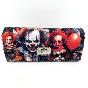 Cartera de acordeón, organizador, bolso de mano, bolso de muñeca, para teléfono celular, lista para enviar, hecha a mano, con diseño de payaso aterrador, crimen real, muerte espeluznante y espeluznante.