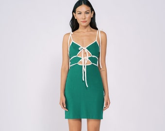Tied Knit Mini Dress in Green by TANROH womenswear/ women's fashion/women's clothing