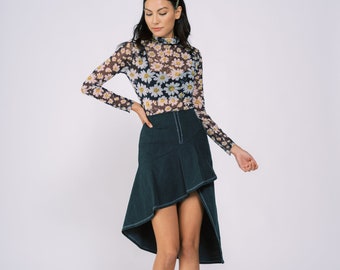 Asymmetrical Denim Skirt in Charcoal Gray by TANROH womenswear/ women's fashion/women's clothing