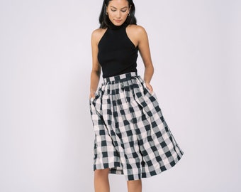 Pleated Midi Skirt in Black and White Windowpane by TANROH womenswear/ women's fashion/women's clothing