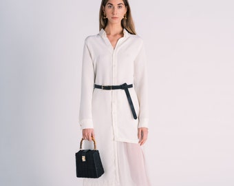 Asymmetric Collared Button-down Dress by TANROH womenswear/ women's fashion/women's clothing/white dress