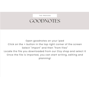 May include: A white background with the text "THE PROCESS" in a gray box at the top of the image. Below the box is the text "GOODNOTES" in a larger font. The text below that reads: "Open goodnotes on your ipad. Click on the + button in the top right corner of the screen. Select "import" and then "from files". Locate the file you downloaded from our Etsy shop and select it. Once the file is imported, you can start writing, editing and planning!"