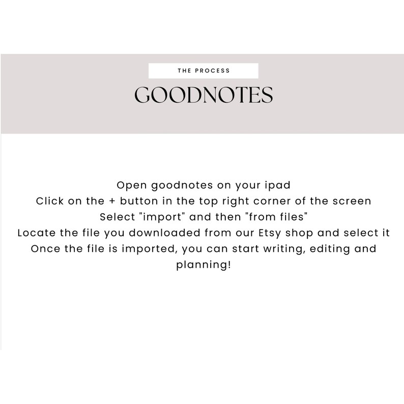 May include: A white background with the text "THE PROCESS" in a gray box at the top of the image. Below the box is the text "GOODNOTES" in a larger font. The text below that reads: "Open goodnotes on your ipad. Click on the + button in the top right corner of the screen. Select "import" and then "from files". Locate the file you downloaded from our Etsy shop and select it. Once the file is imported, you can start writing, editing and planning!"