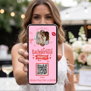 Bord vrijgezellenfeestje, Buy Me A Drink, QR-code vrijgezellenfeest, QR-code bruidsfeest, borrelkaart bruid, Venmo-bord, CashApp-bruid, pot bruidstip