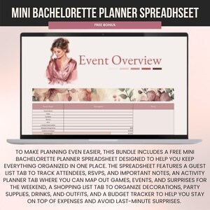 May include: A laptop screen shows a mini bachelorette planner spreadsheet. The display features an event overview with a watercolour illustration of a woman. Text reads "Mini Bachelorette Planner Spreadsheet" and "Free Bonus".
