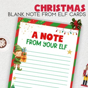 May include: Christmas-themed blank note card from an elf. The card has a red and green striped border and features the text "A Note From Your Elf" in red and green. An illustration of an elf holding gifts is on the card.