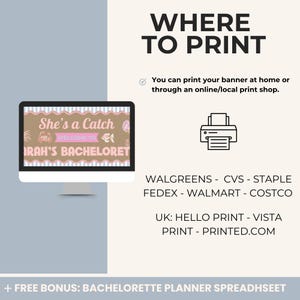 K&ouml;nnte beinhalten: Digitales Grafikdesign mit dem Text "She's a Catch" und "IRAH'S BACHELORET" auf einem Computerbildschirm. Das Bild enth&auml;lt auch ein Druckersymbol und eine Liste von Druckdiensten, darunter Walgreens und CVS. Das Bild wirbt f&uuml;r die Planung eines Junggesellinnenabschieds.