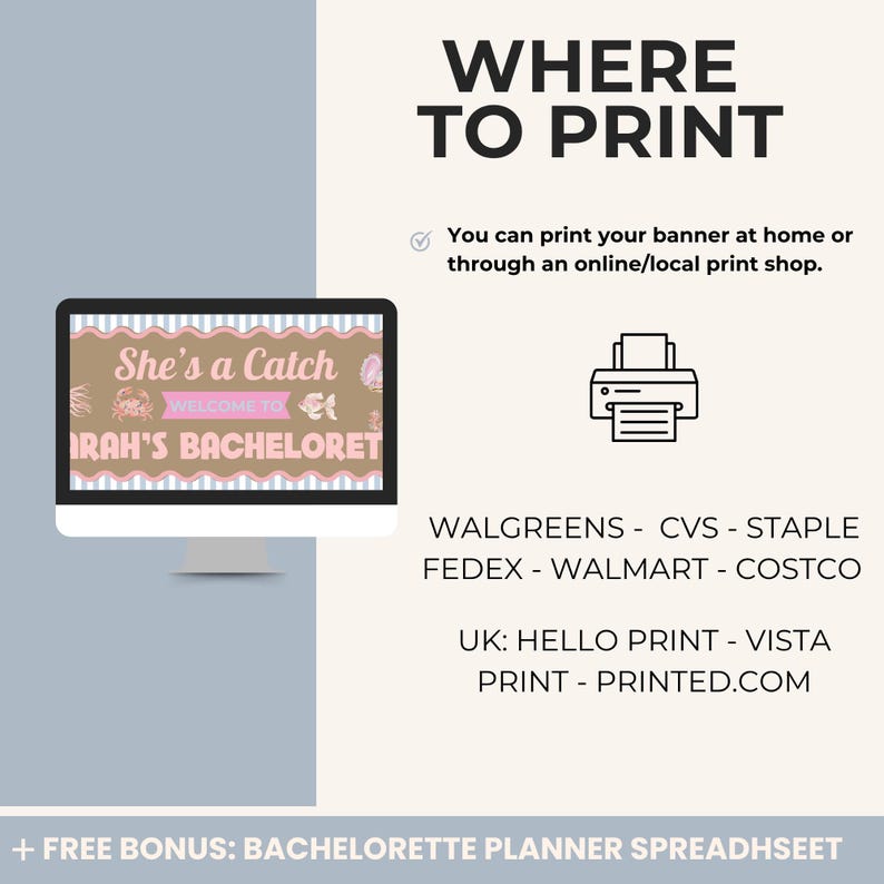 K&ouml;nnte beinhalten: Digitales Grafikdesign mit dem Text "She's a Catch" und "IRAH'S BACHELORET" auf einem Computerbildschirm. Das Bild enth&auml;lt auch ein Druckersymbol und eine Liste von Druckdiensten, darunter Walgreens und CVS. Das Bild wirbt f&uuml;r die Planung eines Junggesellinnenabschieds.