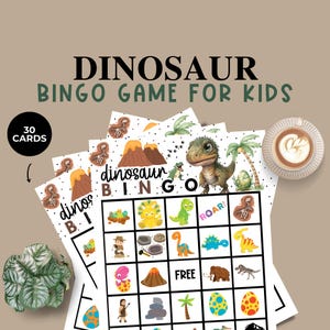 Serata di giochi per bambini, gioco del bingo per bambini, carte del bingo dei dinosauri per bambini, giochi per feste di compleanno dei dinosauri, attività sui dinosauri, giochi scolastici