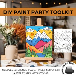 Mountain Sunset Landscape, Sip and Paint Party Downloadable Template, Printable Canvas Art, Adult Paint Events, Paint By Number