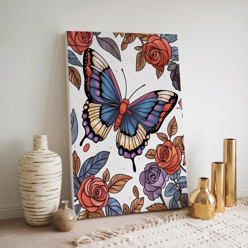 May include: A colorful butterfly with blue, purple, and yellow wings is surrounded by red, purple, and orange roses. The background is white with a subtle speckled pattern.