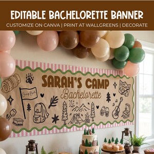 Camp Bachelorette Party Banner, Glamping Brautparty, See Bachelorette Willkommensschild, bearbeitbare Brautdusche Wanddekor, Hen Party Decor