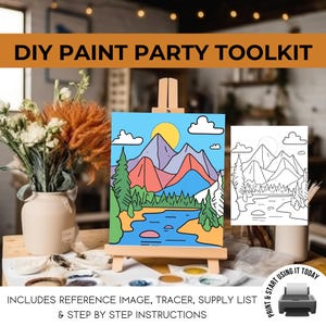 Sunset Mountain Landscape Print, DIY Sip and Paint Party Downloadable Stencil Art, Paint By Number Template, Adult Paint Events