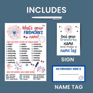 May include: A printable sign and name tag set for a 4th of July party. The sign says "Find your fireworks name and make a name tag". The name tag says "My fireworks name is". The sign and name tag are decorated with red, white, and blue fireworks.