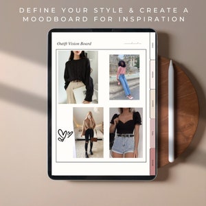 May include: A digital vision board with four outfit inspiration images. The board is titled "Outfit Vision Board". The images show a woman wearing a black sweater and beige pants, a woman wearing a pink sweater and blue jeans, a woman wearing a brown sweater and black jeans, and a woman wearing a black top and denim shorts.