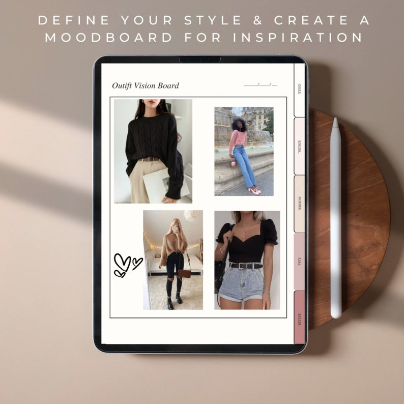 May include: A digital vision board with four outfit inspiration images. The board is titled "Outfit Vision Board". The images show a woman wearing a black sweater and beige pants, a woman wearing a pink sweater and blue jeans, a woman wearing a brown sweater and black jeans, and a woman wearing a black top and denim shorts.