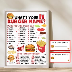 What's Your Burger Name, BBQ Party Game, Family Cookout, Burger Bash, Baby-Q Activity, Burger Party Game, BBQ Party Fun, Burger Birthday