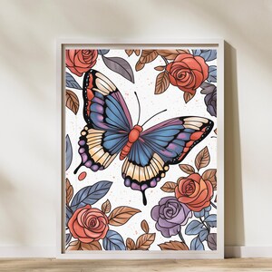 May include: A colorful butterfly with blue, purple, and yellow wings is surrounded by red, orange, and purple roses and leaves on a white background.