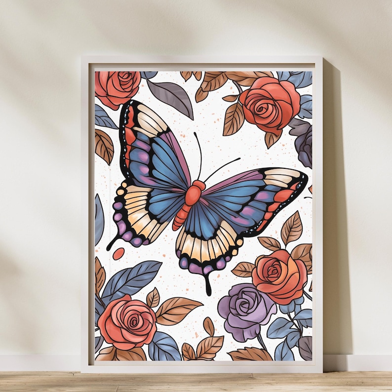 May include: A colorful butterfly with blue, purple, and yellow wings is surrounded by red, orange, and purple roses and leaves on a white background.