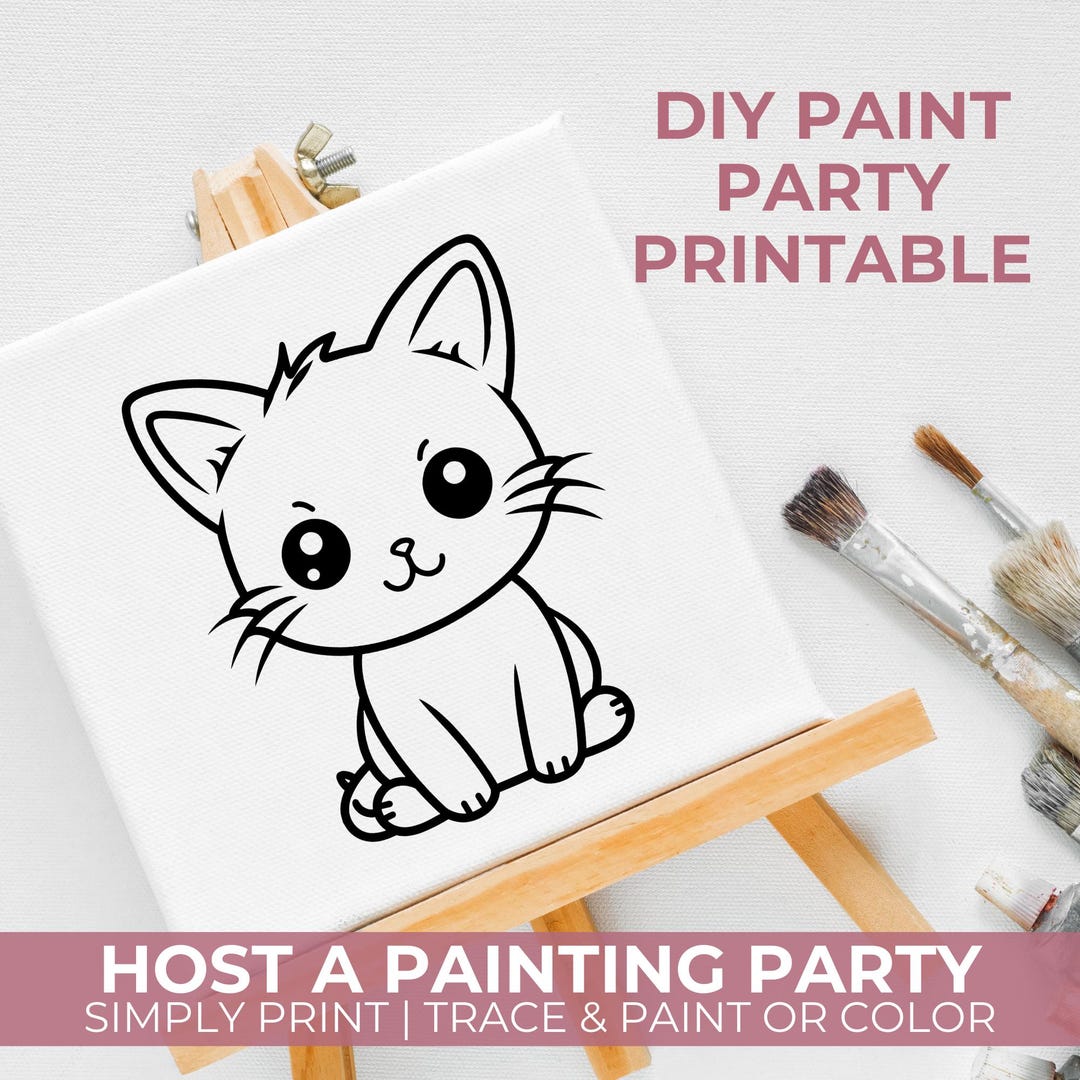 DIY Paint Party Template, Art Party, Cute Cat Coloring Page, Adopt A ...