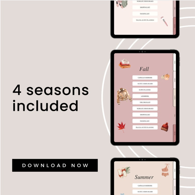 May include: Four digital planner pages for each season: Spring, Summer, Fall, and Winter. Each page features a seasonal illustration and a list of categories for planning, including wardrobe, outfit ideas, shopping list, and travel outfit planning.