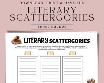 Book Theme Party, Literary Scattergories Game For Book Club, Printable Party Game, Family Game Night, Library Game, Book Club Activity