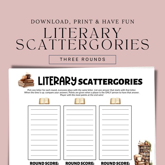 Book Theme Party, Literary Scattergories Game For Book Club, Printable Party Game, Family Game Night, Library Game, Book Club Activity